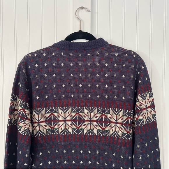 Vintage Mens Crewneck Sweater Snowflake Pattern Ski Knit Navy Blue Maroon Large - Picture 7 of 11